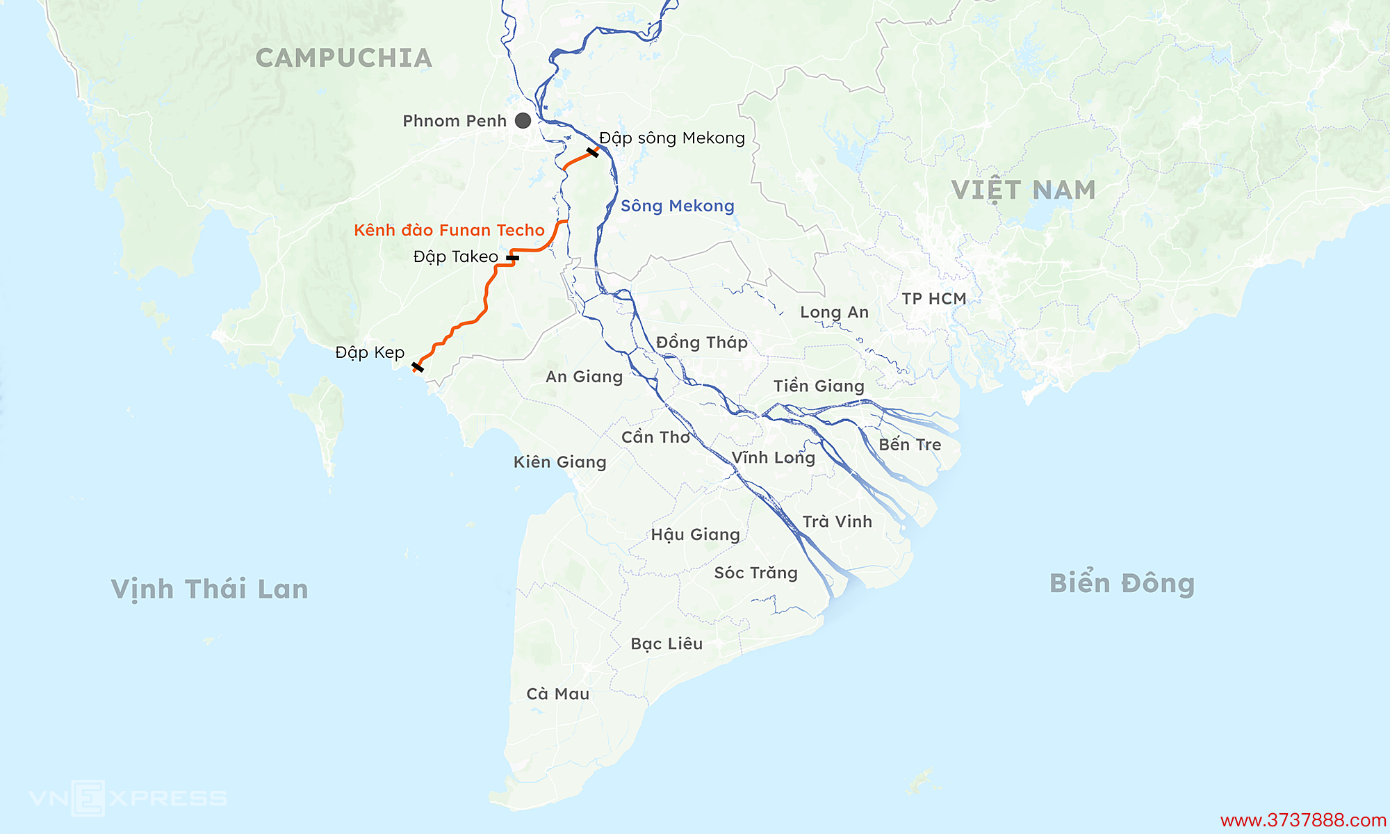 Hướng tuyến kênh đào Funan Techo. Đồ họa: Khánh Hoàng